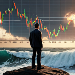 An investor standing steadfast on a serene rock, surrounded by tumultuous waves of stock market charts and digital data, symbolizing emotional resilience and calm amidst market volatility. A soft, warm light emanates from their chest, representing inner strength and a clear psychological "axis". The background shows abstract, dynamic financial graphs, with a hint of stormy skies clearing.
