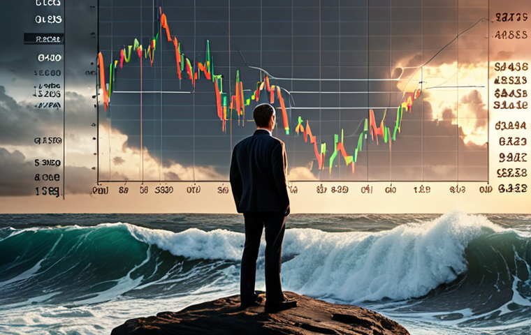 An investor standing steadfast on a serene rock, surrounded by tumultuous waves of stock market charts and digital data, symbolizing emotional resilience and calm amidst market volatility. A soft, warm light emanates from their chest, representing inner strength and a clear psychological "axis". The background shows abstract, dynamic financial graphs, with a hint of stormy skies clearing.