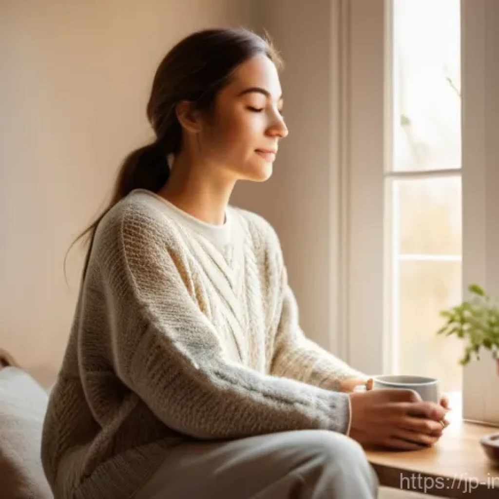 심리적 스트레스 관리 방법 - **Morning Serenity: A Gentle Start**
A young woman in her late 20s to early 30s, dressed in comf...