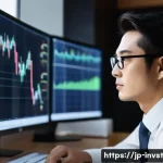 정서적 투자 접근법의 장단점 - A modern Japanese office setting with a young professional investor sitting at a sleek desk, focused...