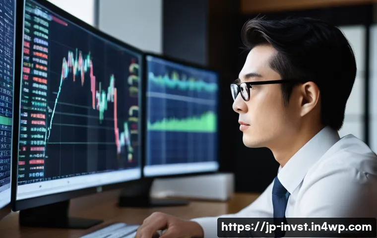 정서적 투자 접근법의 장단점 - A modern Japanese office setting with a young professional investor sitting at a sleek desk, focused...