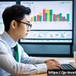 감정적 투자와 이성적 투자 비교 - A modern Japanese office scene featuring a young professional investor sitting at a sleek desk with ...