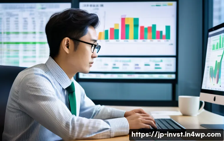 감정적 투자와 이성적 투자 비교 - A modern Japanese office scene featuring a young professional investor sitting at a sleek desk with ...