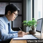 투자 결정을 위한 심리적 분석 방법 - A modern Japanese office setting with a focused young investor sitting at a desk covered with multip...