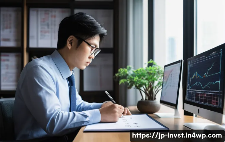투자 결정을 위한 심리적 분석 방법 - A modern Japanese office setting with a focused young investor sitting at a desk covered with multip...