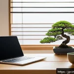 실패한 투자에서 배우는 심리적 교훈 - A serene Japanese office scene featuring a modern desk with a laptop displaying stock charts, a cup ...