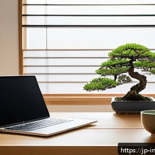 실패한 투자에서 배우는 심리적 교훈 - A serene Japanese office scene featuring a modern desk with a laptop displaying stock charts, a cup ...