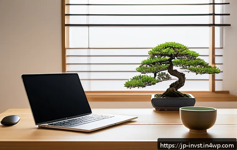 실패한 투자에서 배우는 심리적 교훈 - A serene Japanese office scene featuring a modern desk with a laptop displaying stock charts, a cup ...