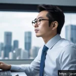 심리적 요인이 주식 선택에 미치는 영향 - A modern Japanese office scene showing a focused investor sitting calmly at a sleek desk with multip...