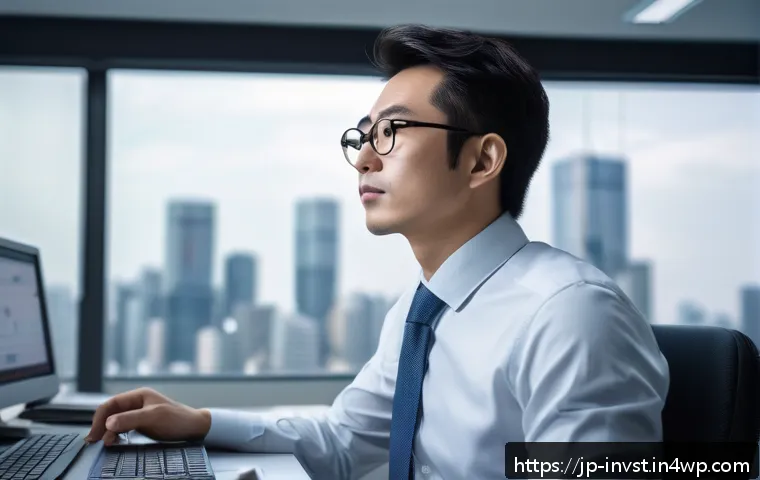 심리적 요인이 주식 선택에 미치는 영향 - A modern Japanese office scene showing a focused investor sitting calmly at a sleek desk with multip...