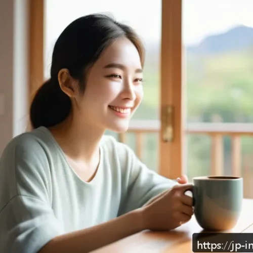 긍정적 마인드셋 구축하기 - A serene morning scene featuring a young Japanese woman in casual indoor clothing, sitting at a wood...