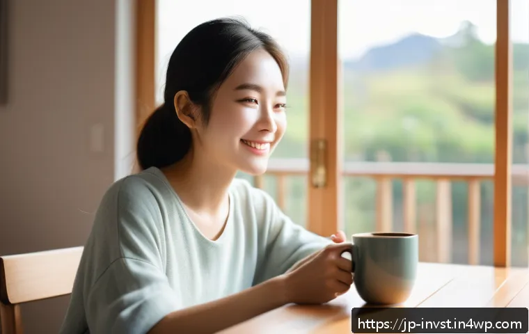 긍정적 마인드셋 구축하기 - A serene morning scene featuring a young Japanese woman in casual indoor clothing, sitting at a wood...