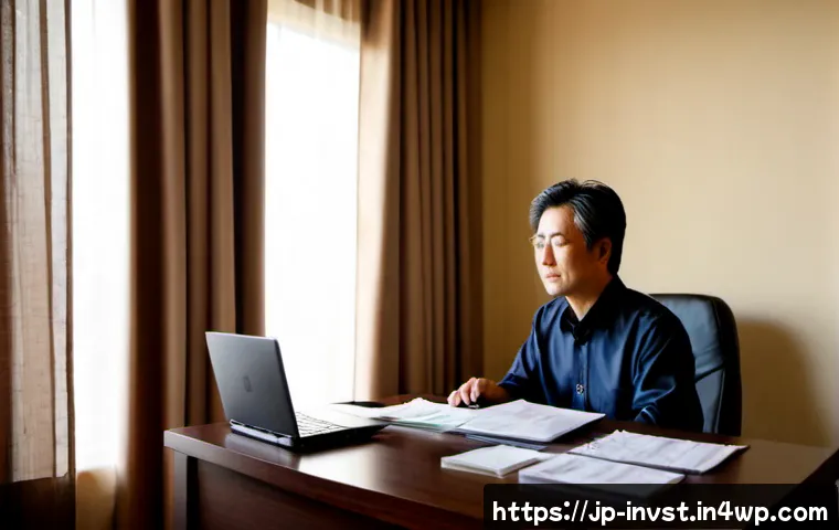 투자에서의 스트레스 관리 기술 - Photorealistic Japanese middle-aged investor practicing calm breathing at a tidy home office desk, c...